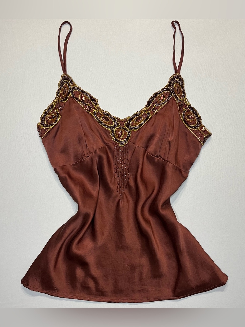 Vintage Y2K Twenty One 100% Silk Beaded Lace Trim Cami Top Brown Women’s Small